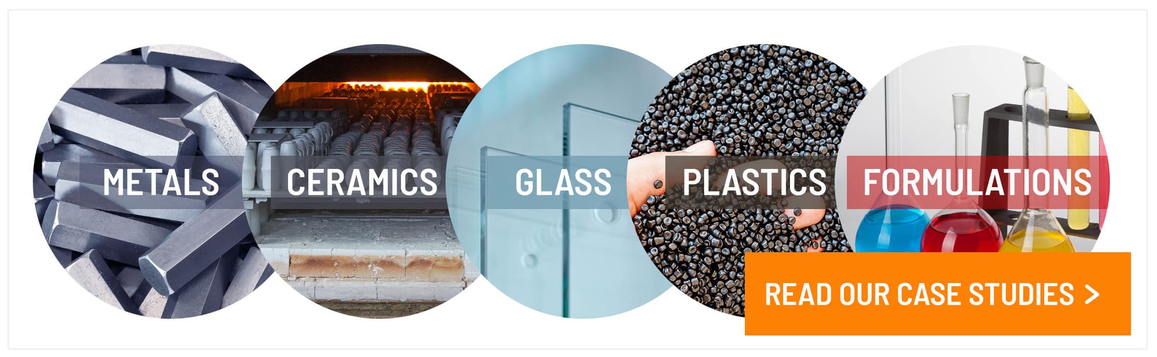 Case studies spanning material classes, Glass, Plastics, Formulations, Ceramics and Metals